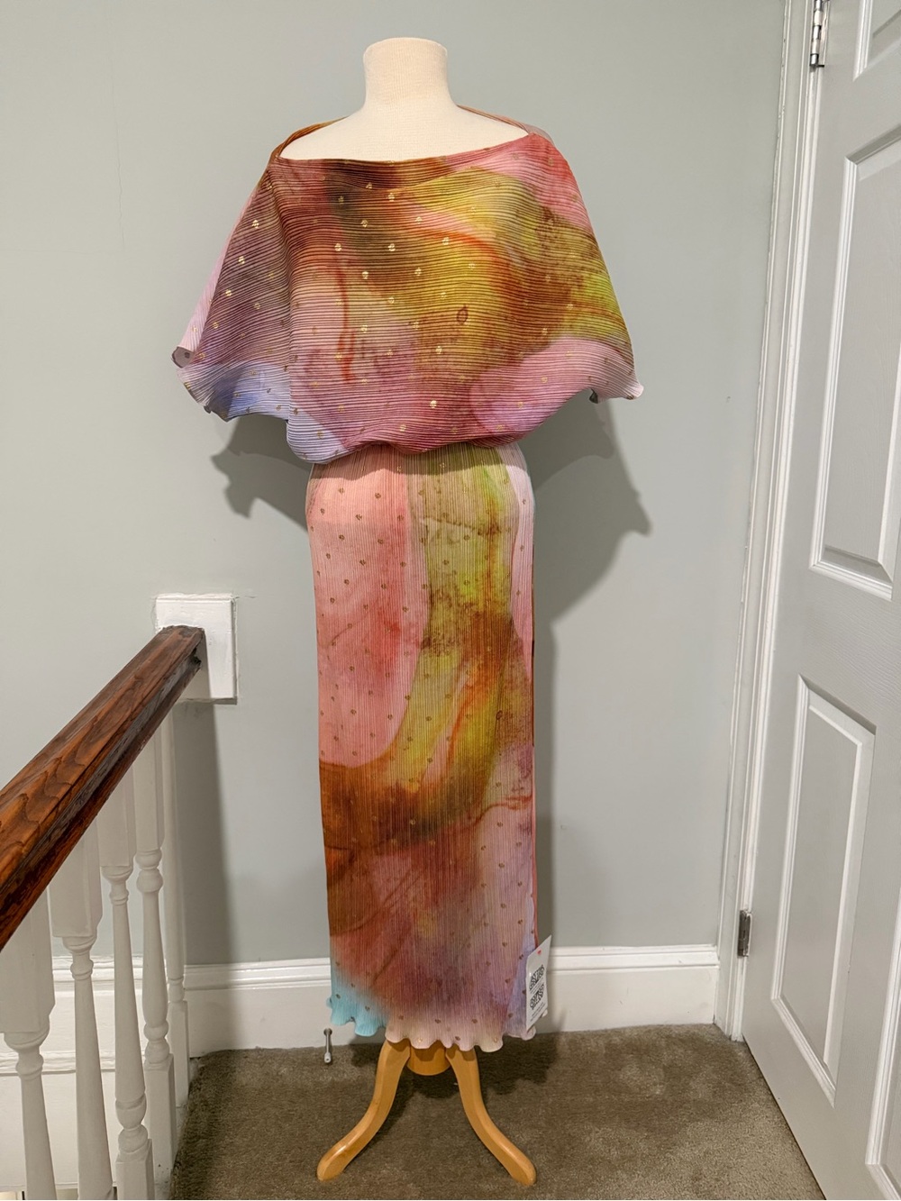 Never Fully Dressed Pink & Olive Watercolor Pleated Maxi dress